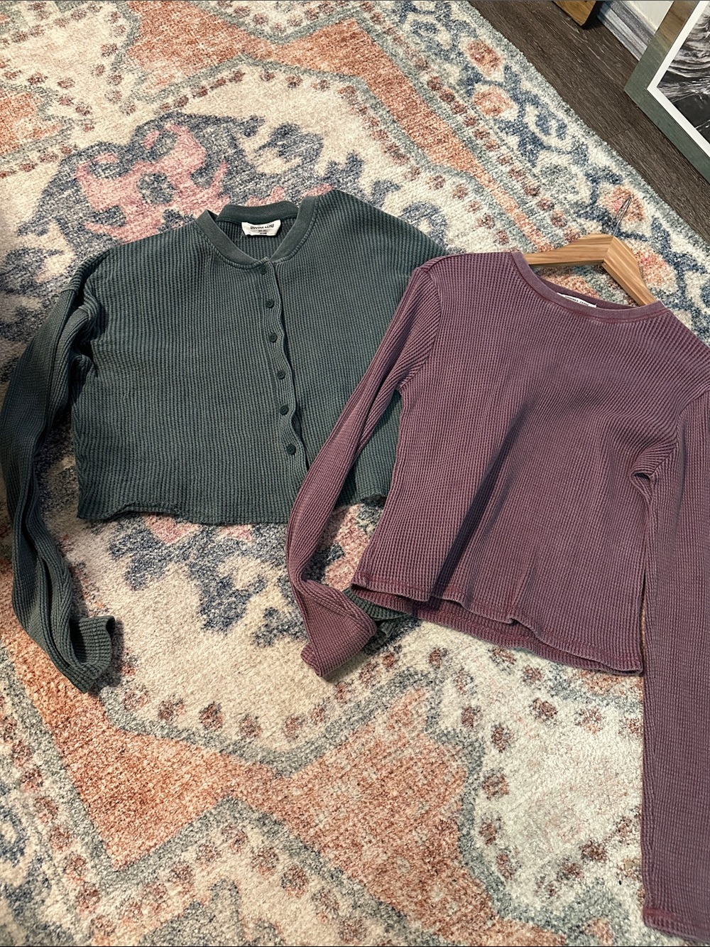 Waffle-Knit Cropped Cardigan & Top Set — Olive Green & Plum